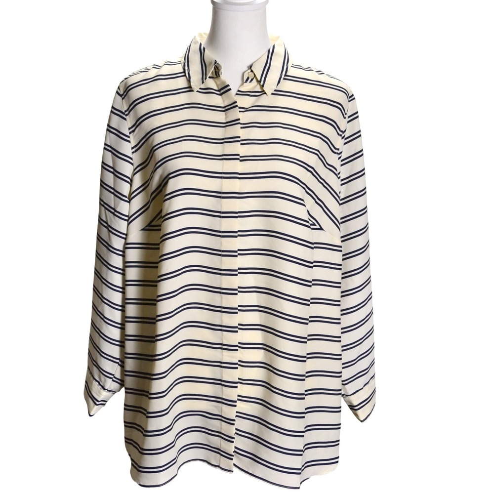 Talbots‎ Minimalist Casual Office Summer Striped Button Up Top Ivory Navy 1XP